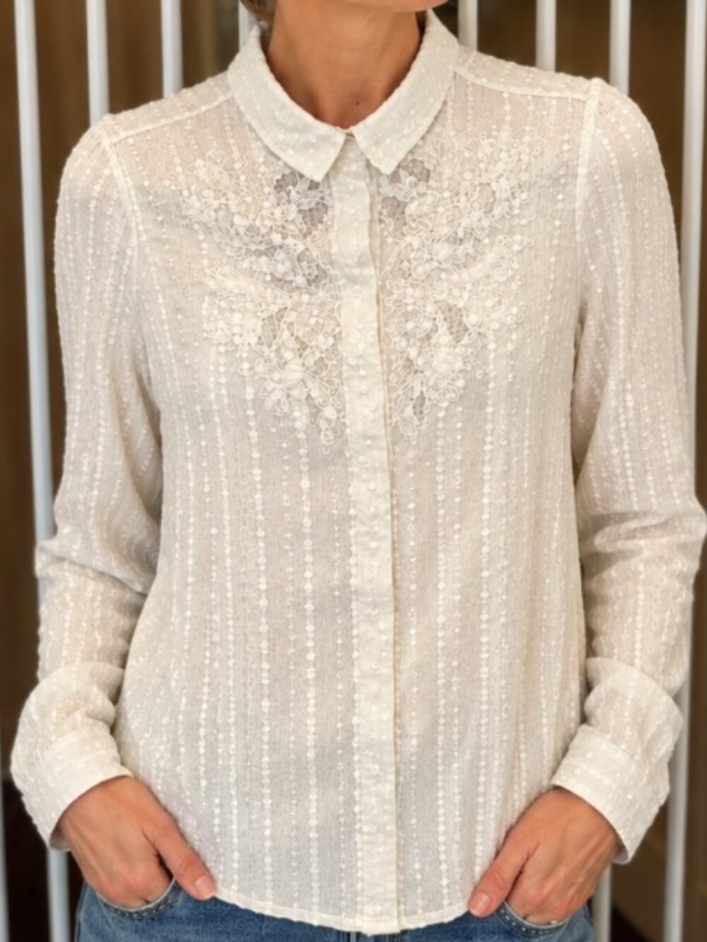 Free People Ivory Lace Knit Button Front Top Size Medium Boho Romantic